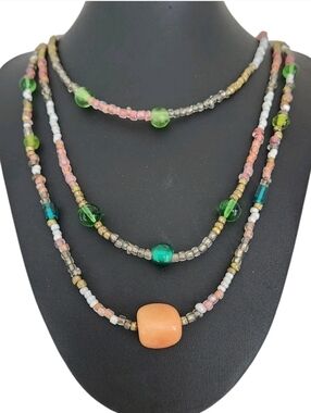 Vintage Triple Strand Glass Seed Bead Necklace Green Orange Layered 18"